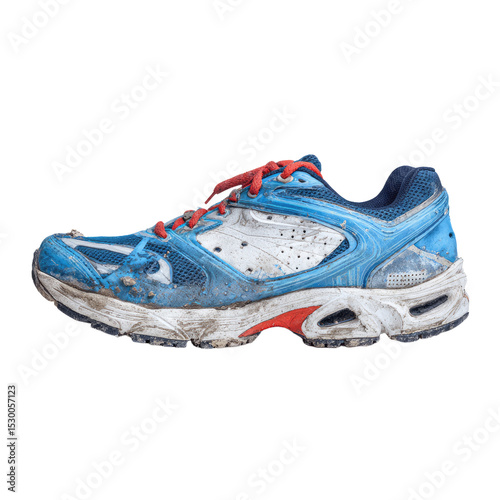MudSplattered Blue Running Shoe with Red Laces Showing Wear and Tear