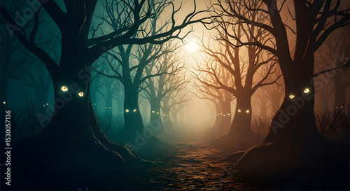 A spooky forest with trees that have glowing eyes staring into the dark and misty pathway ahead