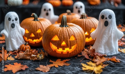 Lit jack-o'-lanterns and ghostly figures arranged amidst autumn leaves on a dark surface