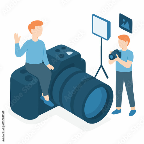 Isometric Illustration Cameraman Taking a Picture with Professional Camera Equipment