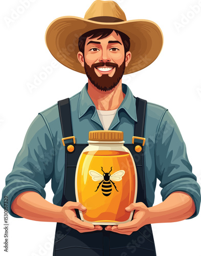 Beekeeper holding honey jar illustration for natural honey product advertisement and promotion use