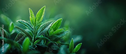 Lush green foliage, vibrant leaves glistening with morning dew, bathed in soft sunlight against a blurred backdrop