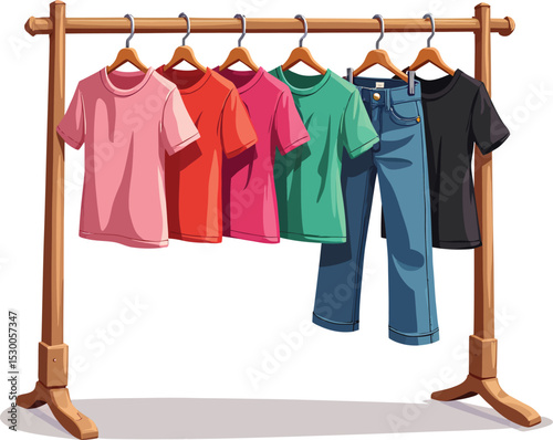 Clothes rack with colorful shirts and jeans hanging for fashion apparel and wardrobe organization idea