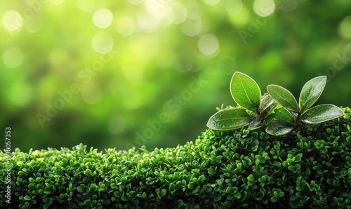 Lush green foliage with vibrant new growth in the foreground, set against a softly blurred background of more greenery and bokeh suggesting sunlight