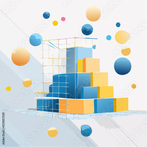 Abstract curved stair-like 3D blocks in warm tones, floating spheres, and linear grid accents.Keywords: