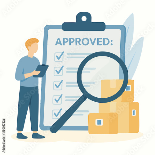 Modern Flat Illustration Approved Clipboard with Magnifier Business Concept