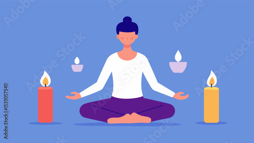 Scented Meditation A person practicing meditation while inhaling calming essential oils or using scented candles promoting mindfulness and relaxation.. Vector illustration