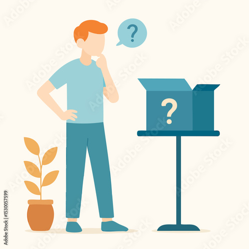 Flat Illustration of Man Thinking with Mystery Box on Table Concept