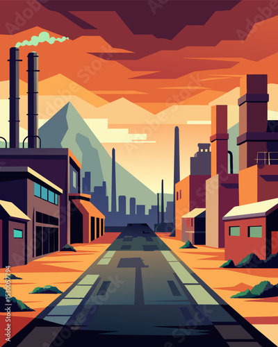 A barren and deserted industrial area once a hub of economic activity now standing still and unproductive.. Vector illustration