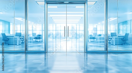 Modern office interior view through glass doors, showing bright workspace with desks and chairs, reflecting light and creating a clean, professional atmosphere