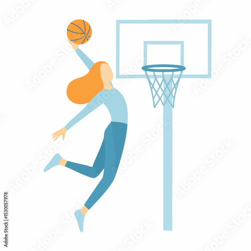 Flat Illustration of A Female Athlete Playing Basketball Slam Dunking