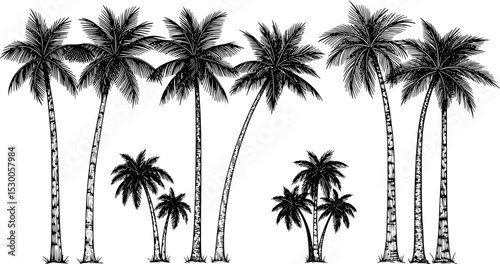 Palm trees on white background. Logo and print design templates, summer palms, tropical surfing concept, vacation and travel. EPS 10 version.
