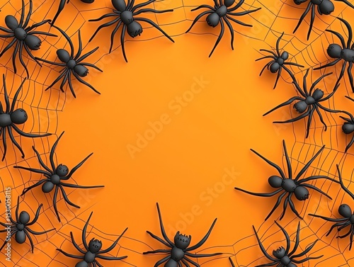 Orange background with black spiders and web border creating a central empty space