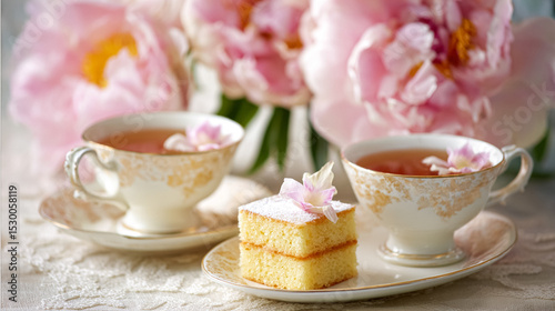 Afternoon tea with floral porcelain tea set, pretty sponge cakes, teatime set amid English garden roses in dappled countryside light