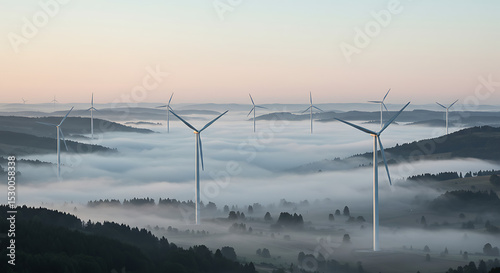 Wind turbines rise above a sea of fog in a valley at sunrise. A serene landscape representing renewable energy, sustainability, and a clean future.
