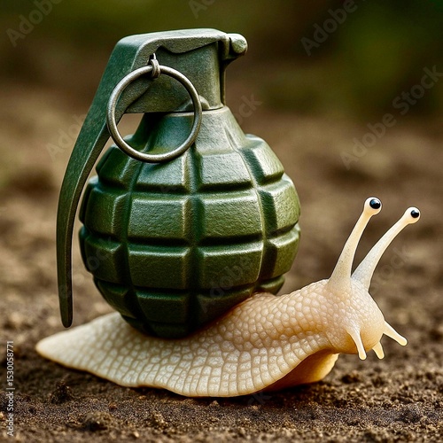 Unique snail carrying a green grenade as a shell in a natural setting during daylight