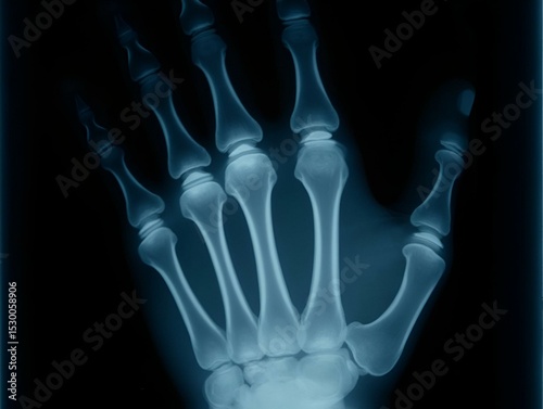 Xray film of a hand of the patient with metallic foreign body penetration on his hand.