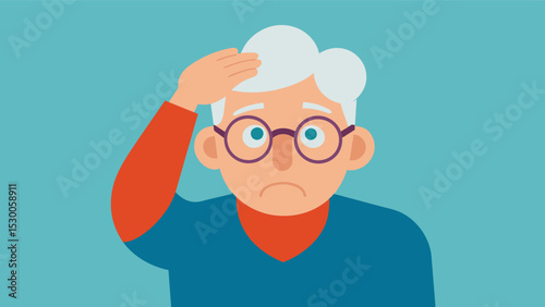 An older person in glasses furrows their brow in frustration gripping their head as they try to push past the fog in their brain to contribute to the conversation.. Vector illustration