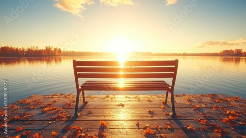 Serene autumn sunset over calm lake; wooden bench sits on a dock strewn with fallen leaves, reflecting the sun's golden glow