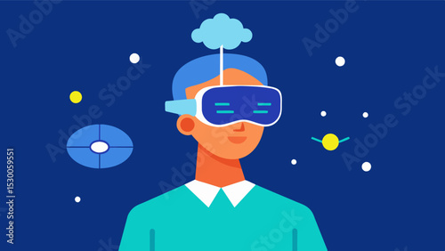 Virtual reality training A person is wearing a VR headset and engaged in simulations or activities designed to enhance brain function and promote neuroplasticity.. Vector illustration