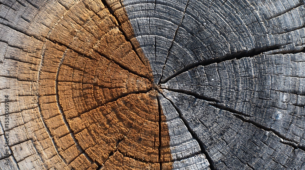 Fototapeta premium Halved tree stump revealing warm and cool tones indicating tree's timeline