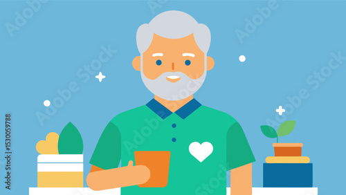 An older man volunteering at a local charity highlighting the sense of purpose and fulfillment that comes from giving back to the community and promoting emotional wellbeing.. Vector illustration