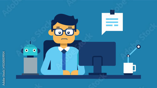 An exhausted office worker sitting at their desk with a small robot companion typing away on their computer and reminding them to take breaks and stay hydrated.. Vector illustration
