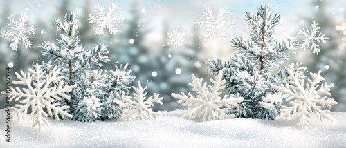 Snowy winter scene with two small evergreen trees adorned with snowflakes, set against a softly blurred background of a snow-covered forest