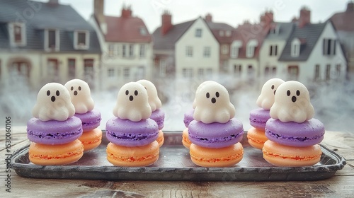 Spooky ghost-shaped macarons in stacks of three colors sit on a tray against a blurry town backdrop
