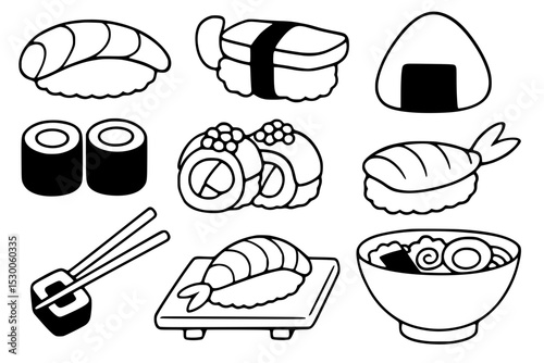 nigiri sushi, tamago sushi, onigiri, maki rolls, uramaki rolls, ebi sushi, shrimp sushi, maki roll with chopsticks, shrimp nigiri on a sushi board, ramen bowl 