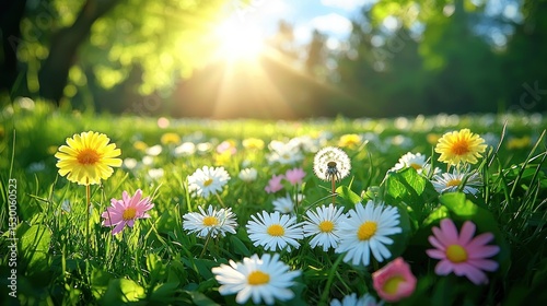 Sunlit meadow brimming with wildflowers, showcasing a vibrant array of daisies, dandelions, and other blossoms in a lush green setting