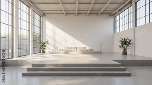 Sunlit minimalist interior with raised platform, seating area, and large windows showcasing a spacious, airy design