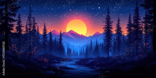 Sunrise over a mystical forest