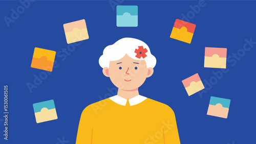 An elderly person surrounded by postit notes with images and memories of loved ones showcasing how cherished memories can positively impact brain health.. Vector illustration