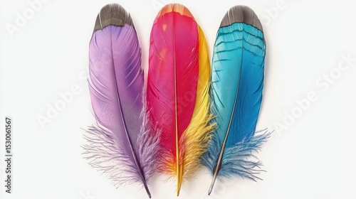 Three vibrant feathers, purple, pink-yellow, and blue, arranged against a stark white backdrop, showcasing their intricate detail and color variations
