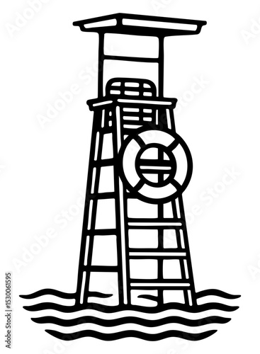 Black SVG linocut-style illustration of a lifeguard tower with waves, isolated on transparent background. Coastal summer safety symbol.

