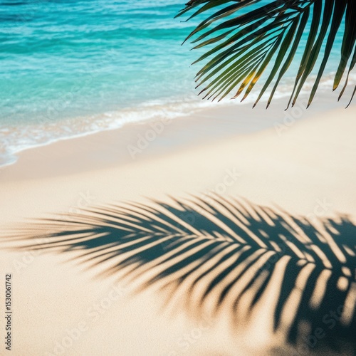 Tropical beach scene with palm leaf shadow