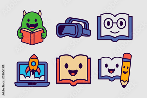 Cartoon Fun Education Mascot Icons. Fun Learning Characters, Book, Robot, Rocket, VR, Earth, Owl,Bag