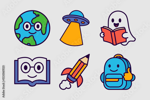 Cartoon Fun Education Mascot Icons. Fun Learning Characters, Book, Robot, Rocket, VR, Earth, Owl,Bag