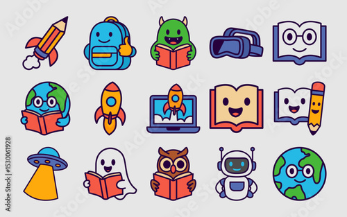 Cartoon Fun Education Mascot Icons. Fun Learning Characters, Book, Robot, Rocket, VR, Earth, Owl,Bag