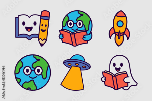 Cartoon Fun Education Mascot Icons. Fun Learning Characters, Book, Robot, Rocket, VR, Earth, Owl,Bag