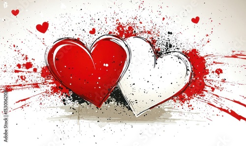 Two hearts, red and white, with grunge texture