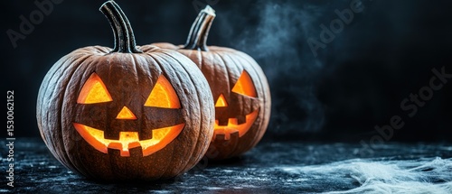 Two illuminated jack-o'-lanterns sit on a dark surface with a smoky, spooky atmosphere