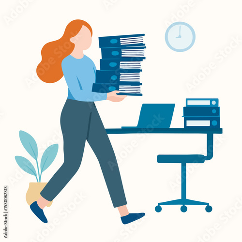 Flat Illustration of Overworked Woman Carrying Documents in Office Setting