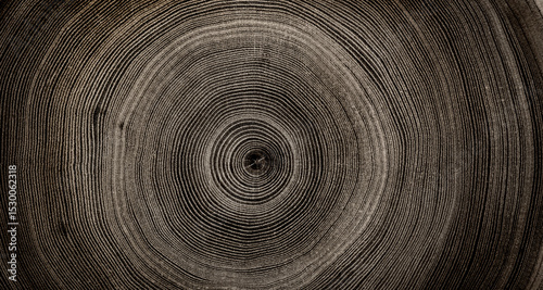 Warm gray cut wood texture. Detailed black and white texture of a felled tree trunk or stump. Rough organic tree rings with close up of end grain.