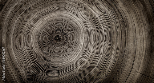 Warm gray cut wood texture. Detailed black and white texture of a felled tree trunk or stump. Rough organic tree rings with close up of end grain.