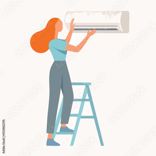 Flat Illustration Woman Repairing Air Conditioner on Step Ladder Appliance