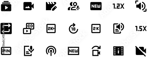 20 black video player vector icons in SVG format on white background