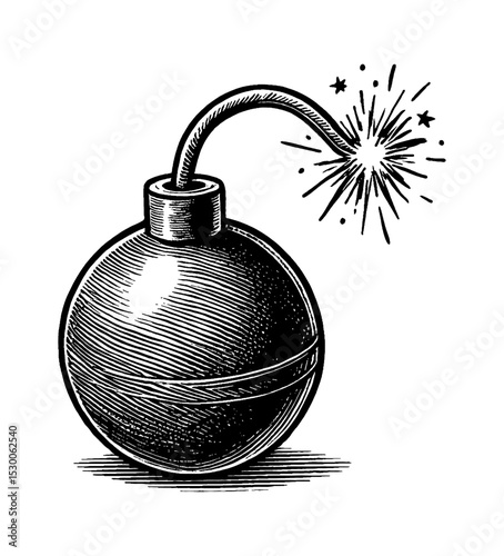 Engraved Style Black and White Image of a Round Bomb with a Fuse and Sparkles