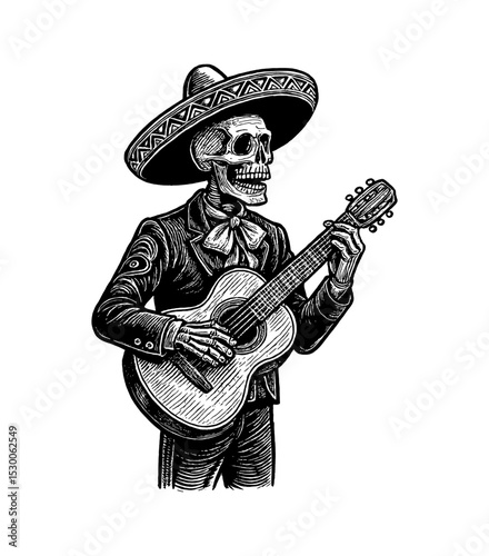 Skeleton Mariachi Playing Guitar in Black and White Illustration Wearing Sombrero and Suit
